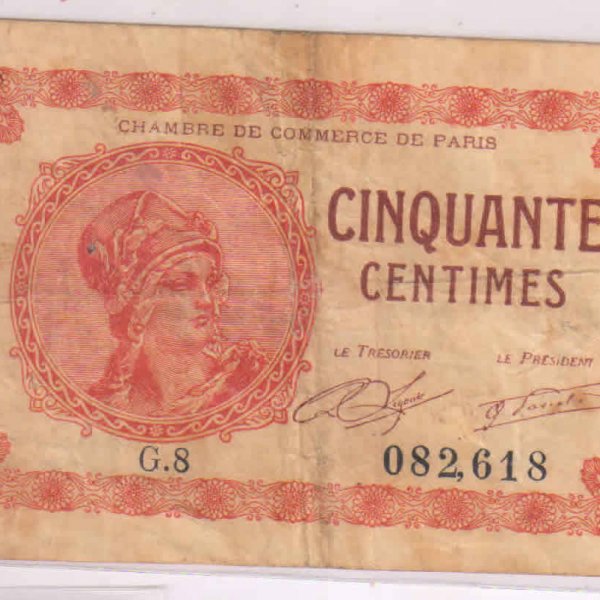 France , Chamber of commerce Paris - 50c, 1922 used currency note - KB ...