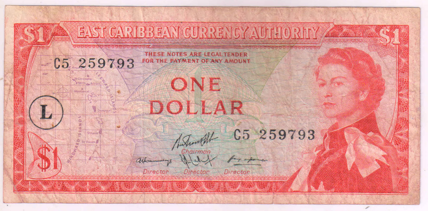 St. LUCIA , East Caribbean 1 dollar used currency note KB Coins