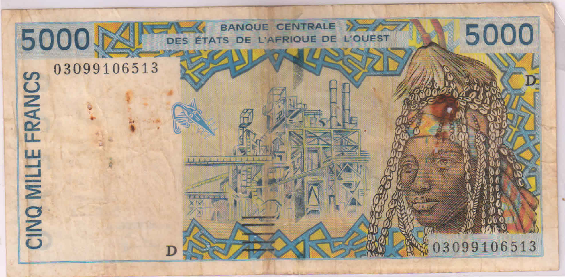 Mali D, West African States - 5000 Francs currency note w/ hole - KB ...