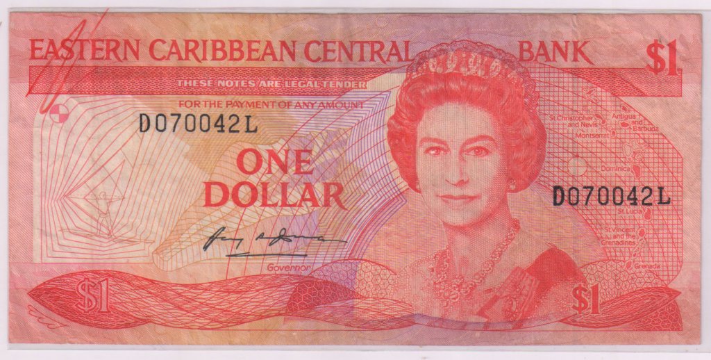 St. LUCIA , East Caribbean 1 dollar used currency note KB Coins