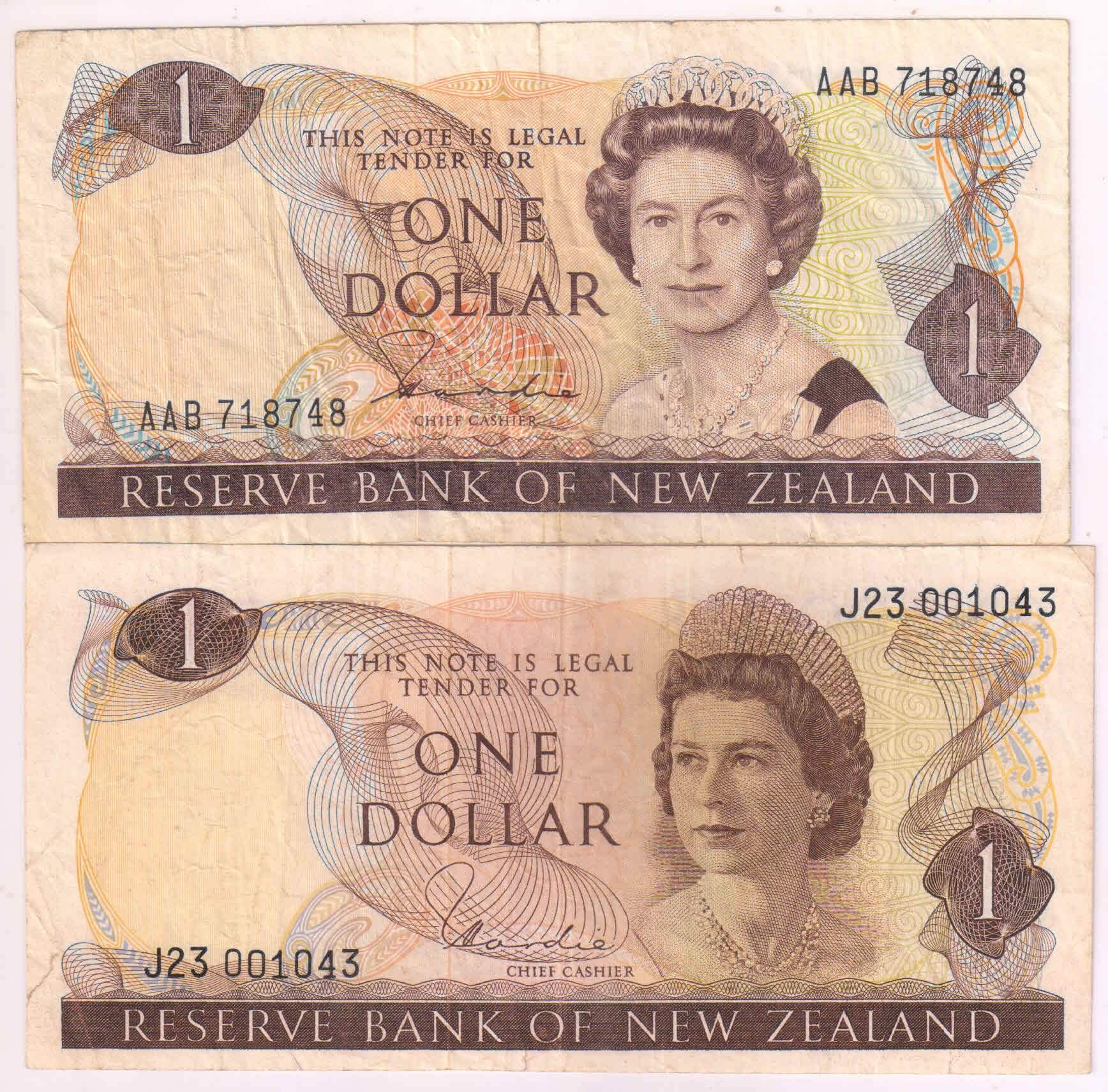 New Zealand 1 dollar two different types , 1968 77 currency note