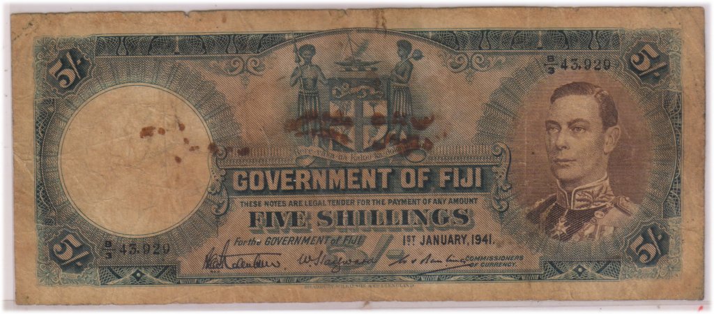 British Fiji - 5 shillings 1941 scarce currency note w/ stain - KB ...