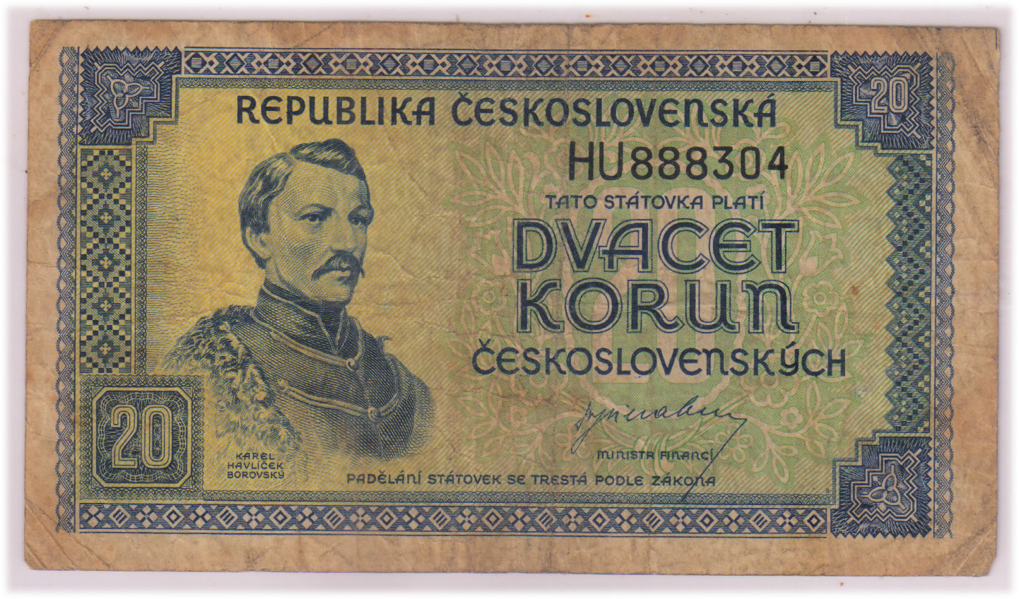 Czechoslovakia 20 korun 1945 used currency note KB Coins & Currencies