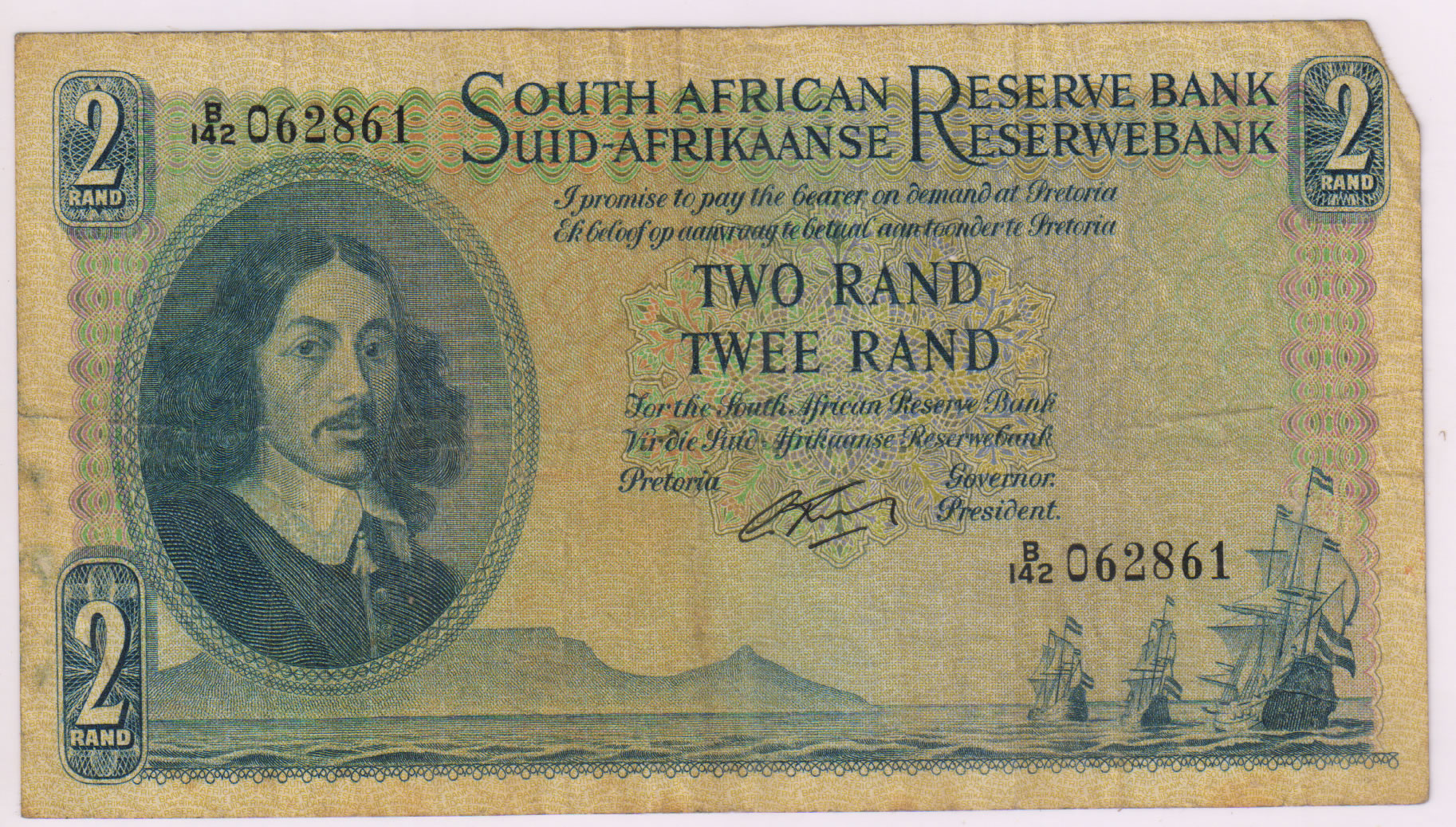 South Africa – 2 rand 1952 used currency note ,edge missing - KB Coins