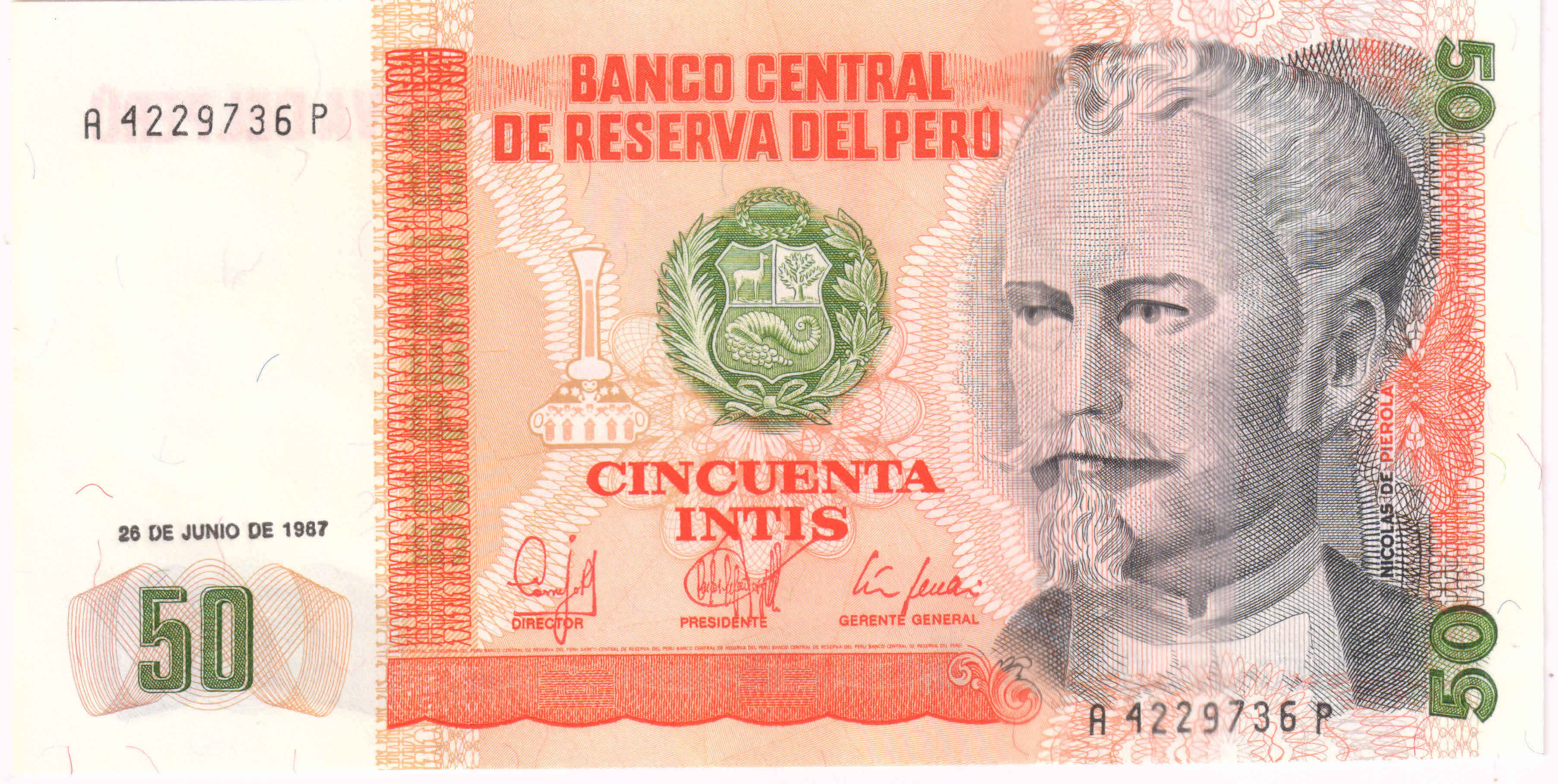 Peru - 50 intis 1987 , unc currency note - KB Coins & Currencies
