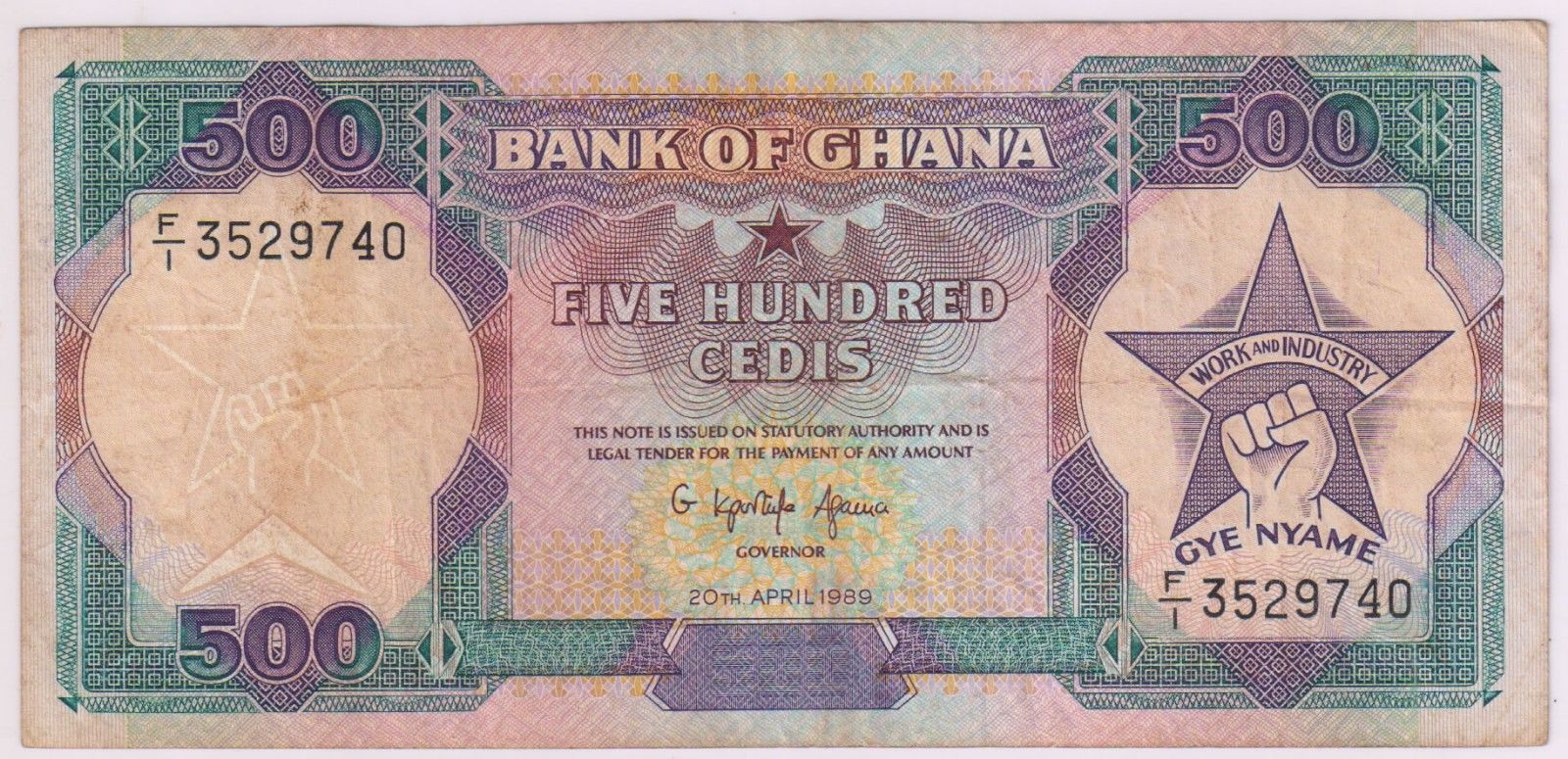 Ghana 500 frs 1989 currency note KB Coins Currencies
