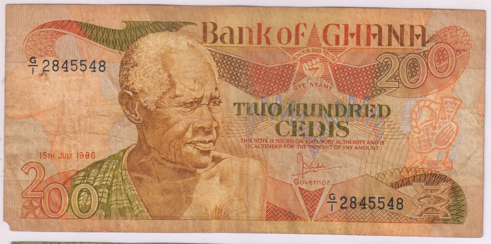 Ghana 200 Cedis 1986 Used Currency Note G 1 Edge Missing KB Coins Currencies