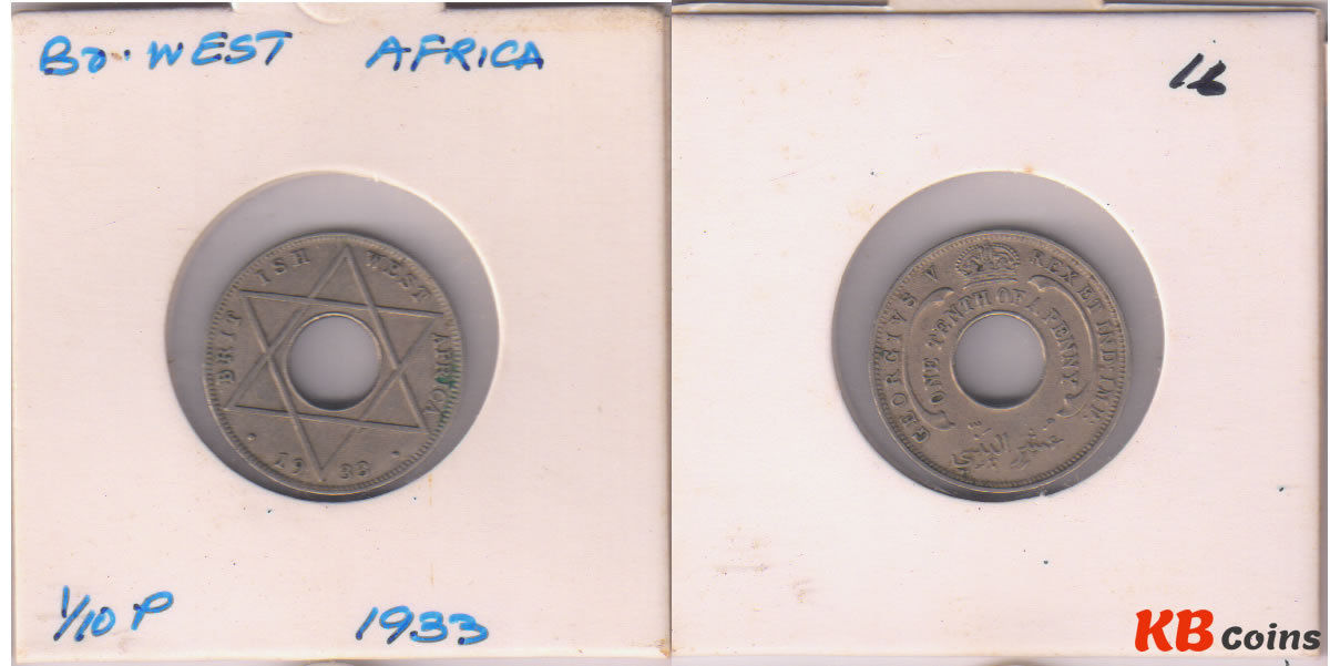 British West Africa - 1/10 Penny 1933 G V , holed coin - KB Coins ...