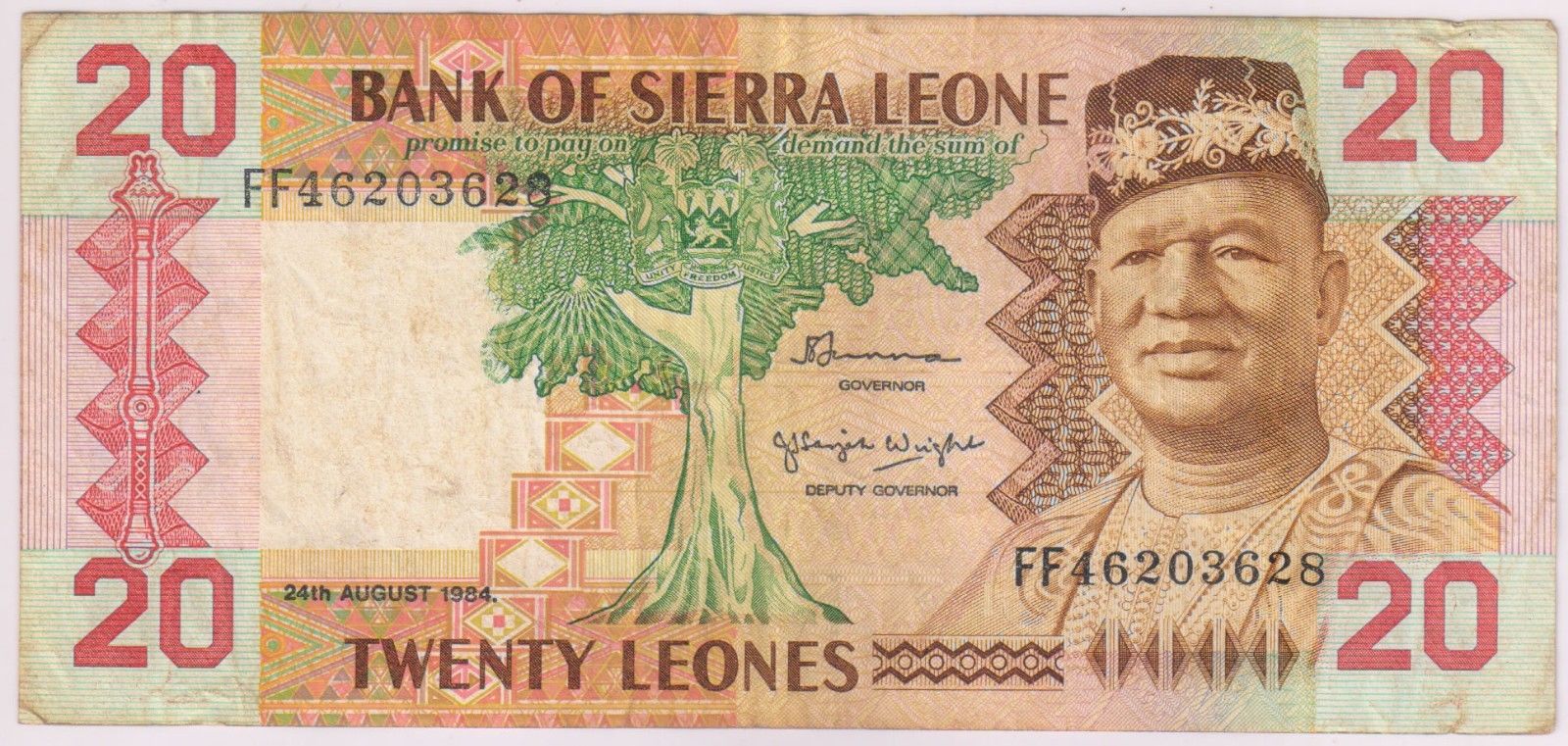 SIERRA LEONE 20 Leones 1984 Used Currency Note FF KB Coins Currencies   S L1600 3349 