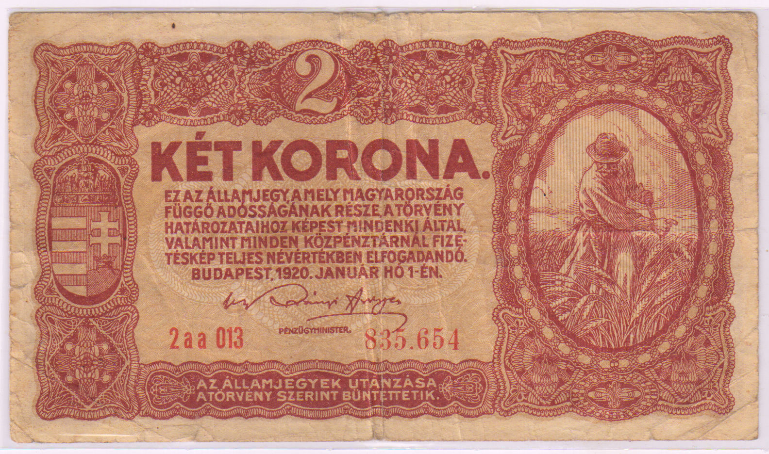 hungary-2-kroner-1920-used-currency-note-kb-coins-currencies
