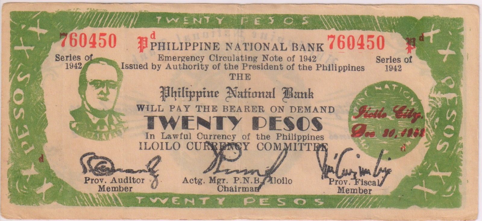 ILOILO Philippines Emergency Issue 20 Pesos 1942 Currency Note   S L1600 3579 