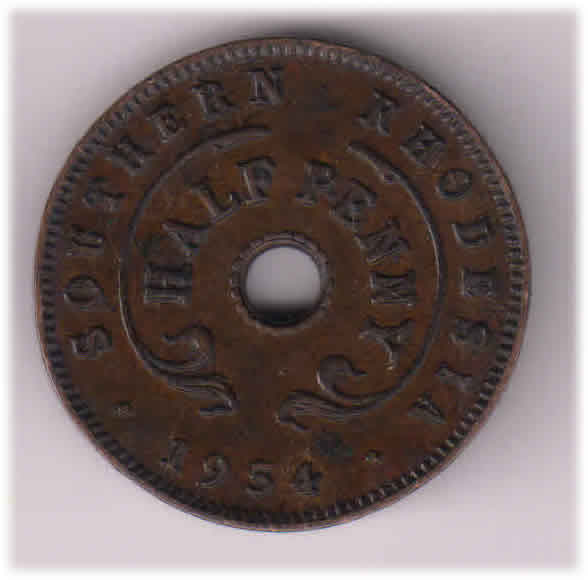 Southern Rhodesia : 1/2 penny 1954 QE II km 218 ,bronze holed Coin - KB ...