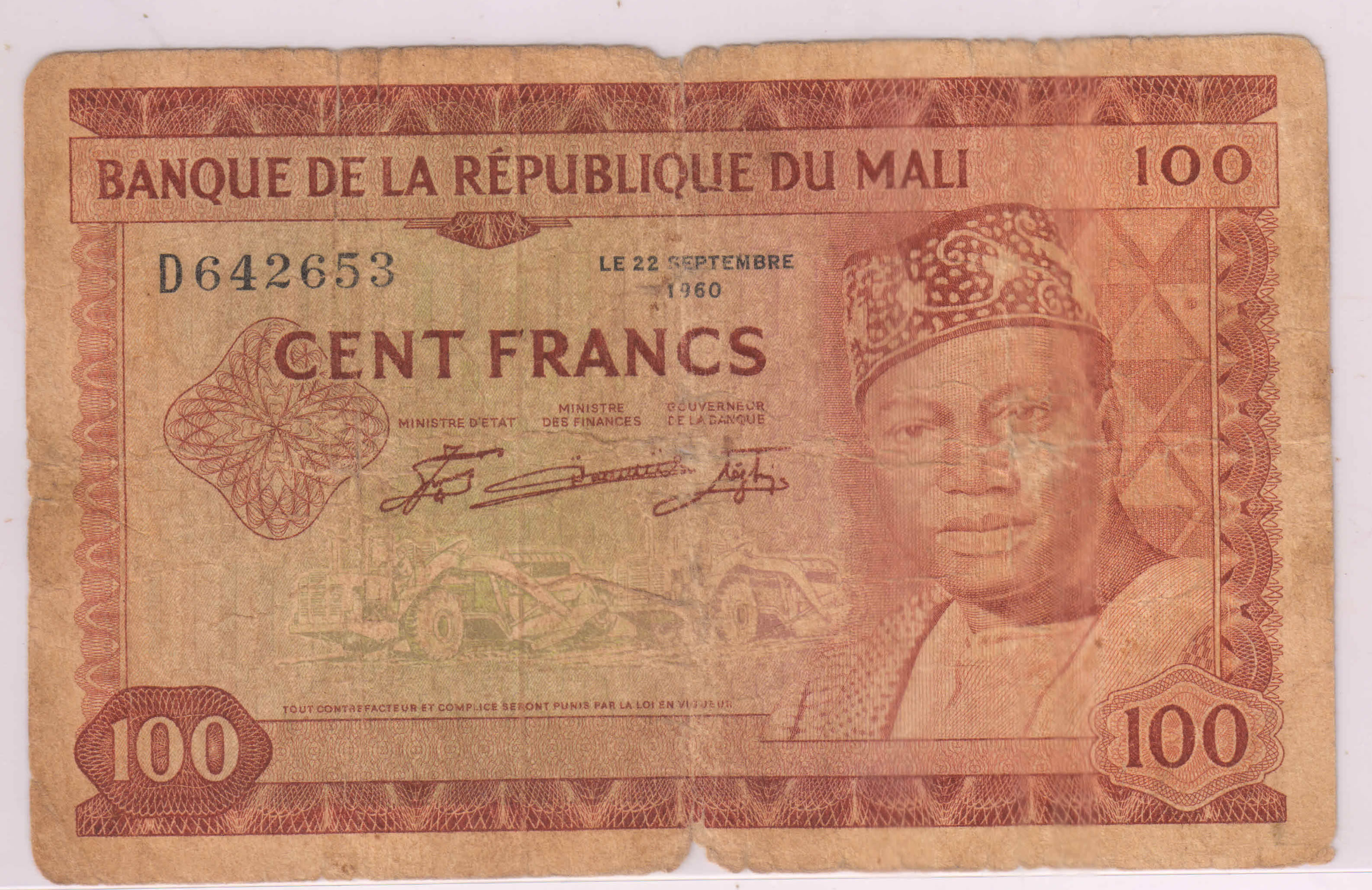 MALI – 100 Francs 1960 scarce VG currency note - KB Coins