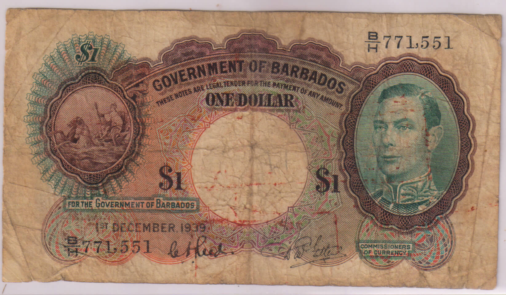 British Barbados 1 dollar 1939 G VI , scarce currency note KB Coins