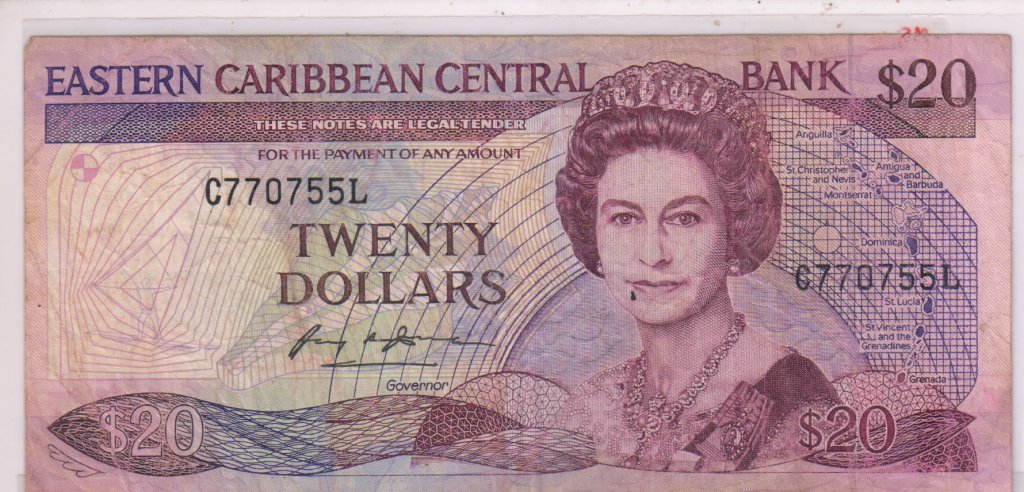 St LUCIA East Caribbean 20 Dollars Used Currency Note KB Coins   1b 1 1024x492 