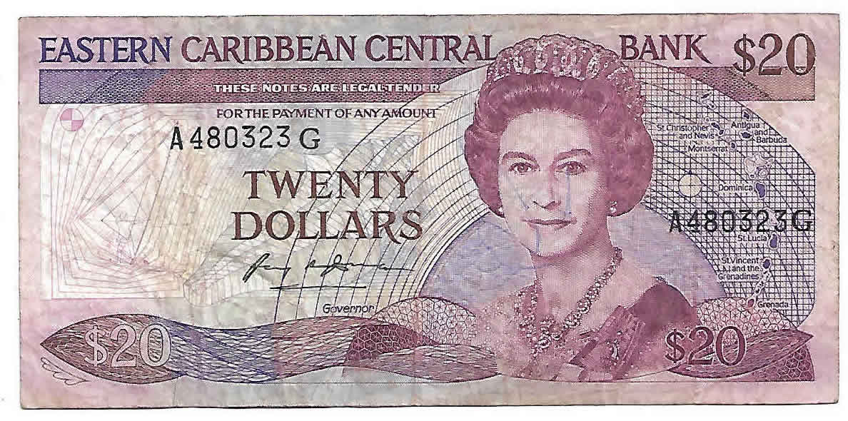 Grenada , East Caribbean 20 dollars used currency note KB Coins
