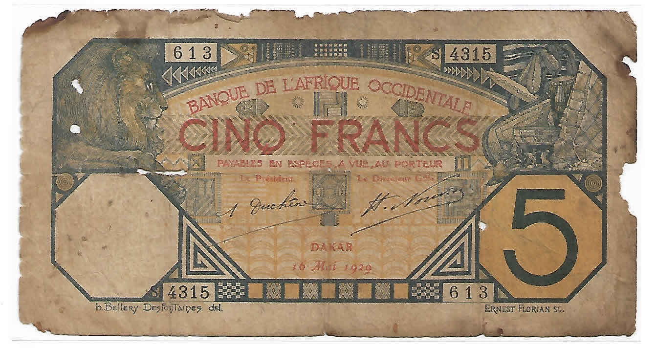 French west Africa / Dakar 5 Fr 1928 F currency note / torn KB Coins