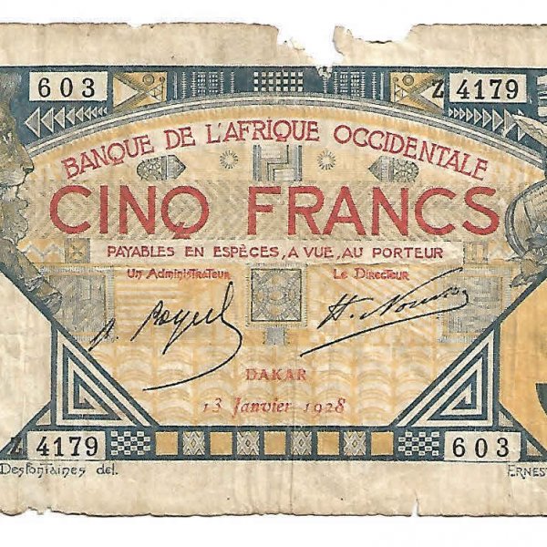 French west Africa / Dakar 5 Fr 1928 F currency note / torn KB Coins