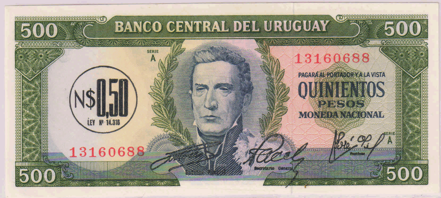 Uruguay 500 pesos unc currency note - KB Coins &amp; Currencies