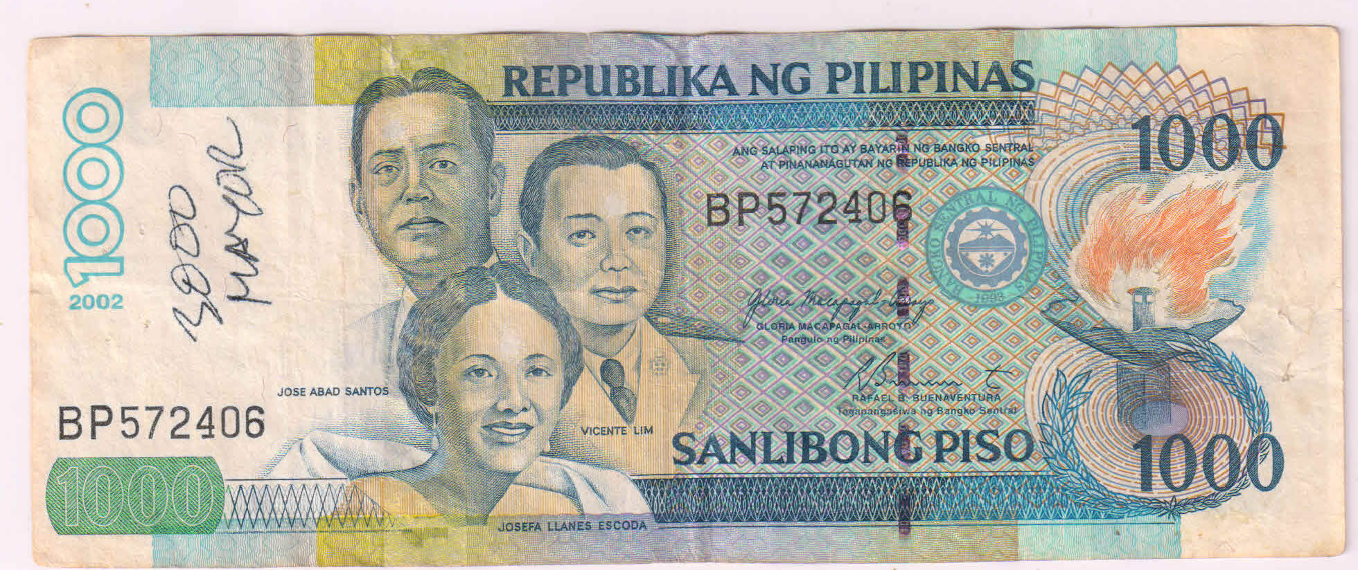 Philippines – 1000 pesos 2002 used currency note - KB Coins & Currencies