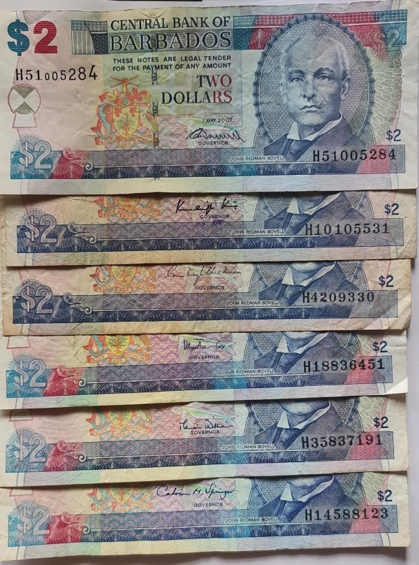 Barbados 2 dollars , 6 different signature set, 6 currency notes - KB ...
