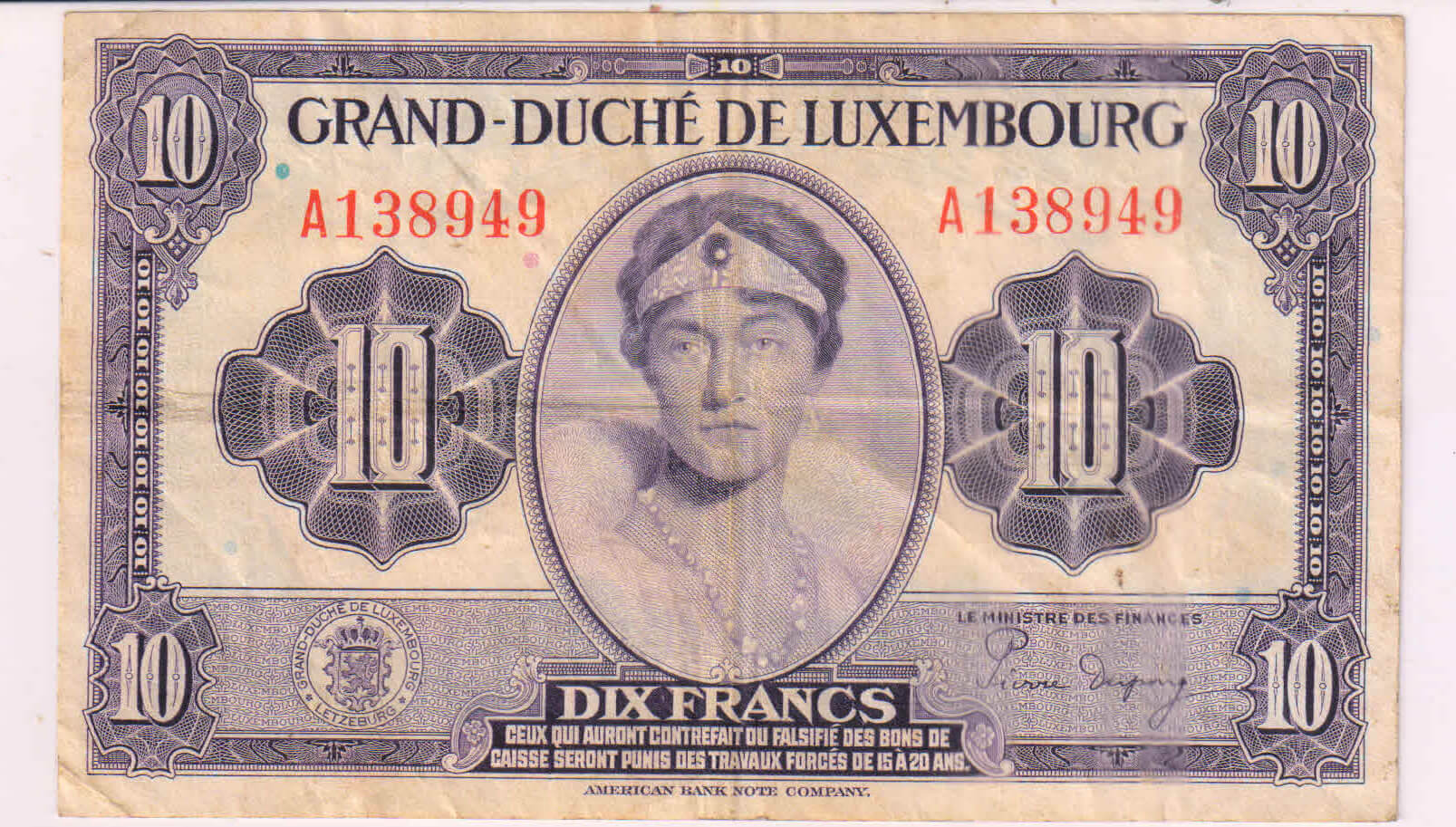 Luxembourg , German occupation 10 francs 1944 WW II used currency note ...