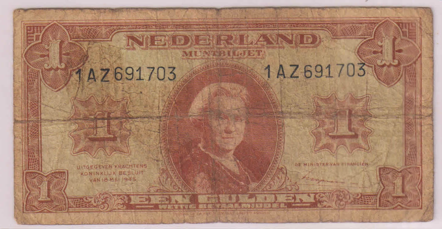 Netherlands – 1 gulden 1945 used currency note - KB Coins & Currencies