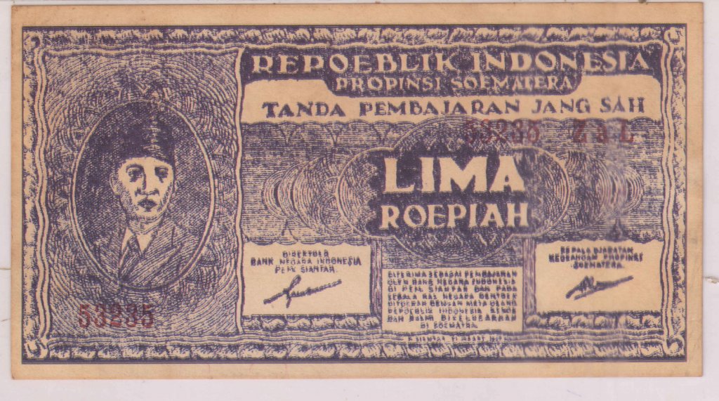 Sumatra Province / Republik indonesia- 5 Rupiah 1948 scarce currency ...