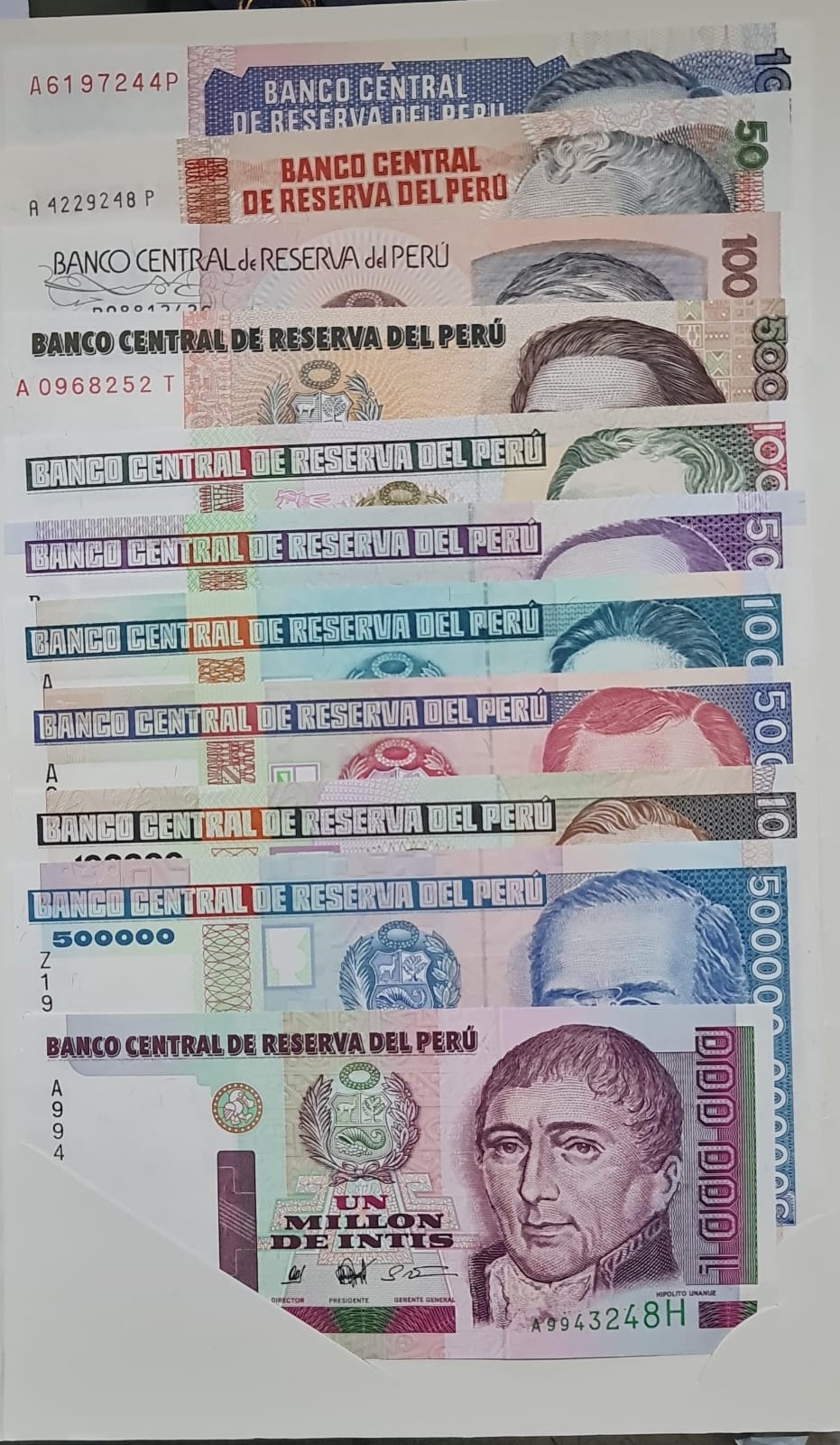 Peru - 10 -10,00,000 pesos , 11 different unc currency notes with ...