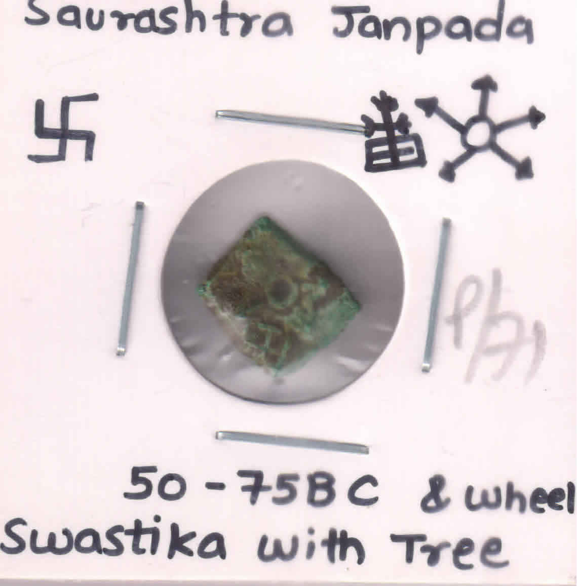 Saurashtra Janapada - Swastika, wheel and tree 75 - 50 bc copper coin ...