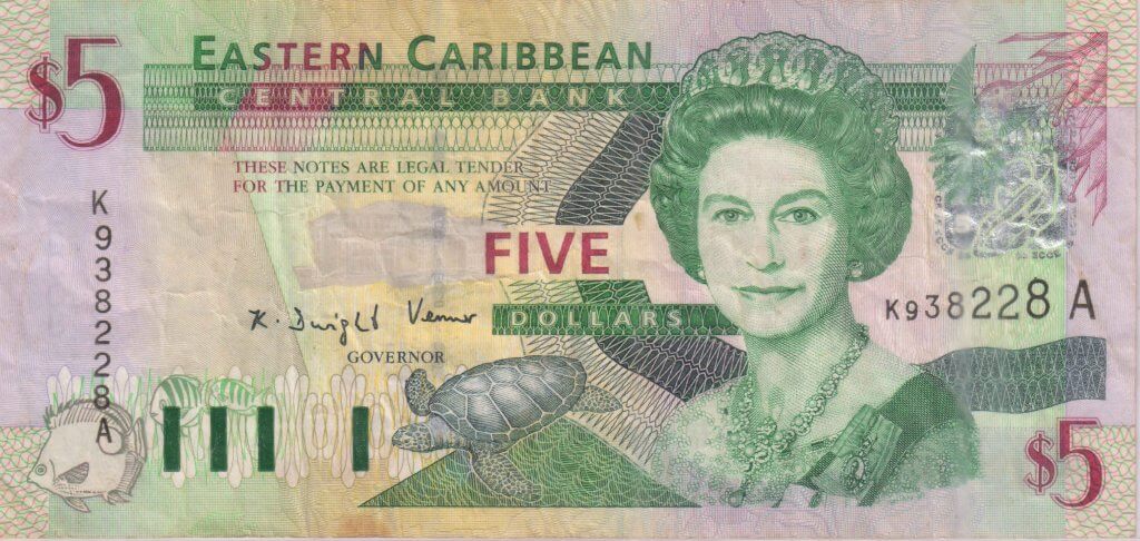 Antigua East Caribbean -5 dollar 2003Silver foil fish; Vf currency note ...